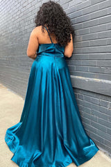 Cheap Long Blue Satin Prom Dress Plus Size Peacock V Neck Formal Dress with Slit