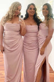 Cheap Long Boho Pink Bridesmaid Dress Satin Sleeveless Cowl Neck with Slit