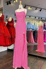 2024 Cheap Long Sequins Prom Dress Hot Pink Evening Dress with Feathers
