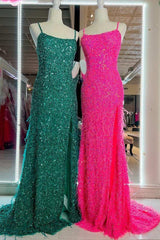 2024 Cheap Long Sequins Prom Dress Hot Pink Evening Dress with Feathers