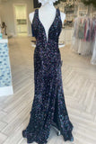 Cheap Meremaid Iridescent Sequin Prom Dress Cheap V Neck Long Formal Dress