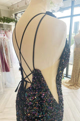 Cheap Meremaid Iridescent Sequin Prom Dress Cheap V Neck Long Formal Dress
