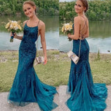 Cheap Mermaid Lace 2023 Prom Dresses Corset Dark Teal  Long Formal Dress