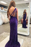Cheap Mermaid One Shoulder Prom Dresses Purple Sequins Long Formal Wears