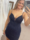 Cheap Navy Blue Lace Prom Dresses Tight Short Homecoming Dresses