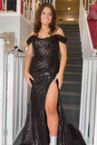 Cheap Off-the-Shoulder Black Prom Dress Sequins Long Formal Dresses