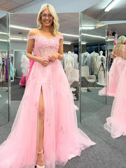 Cheap Off Shoulder 2024 Pink Formal Dresses Lace Long Prom Dresses with High Slit