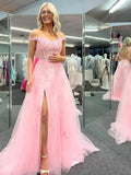 Cheap Off Shoulder Pink Formal Dresses Lace Long Prom Dresses with High Slit