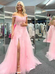 Cheap Off Shoulder 2024 Pink Formal Dresses Lace Long Prom Dresses with High Slit