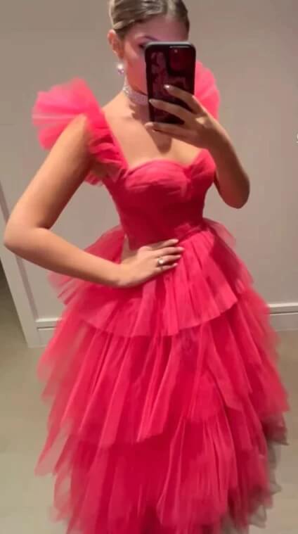 Simple A Line Tulle Ruffle Pink Prom Dresses Strapless Modest Formal E
