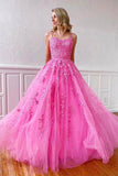 Cheap Pink Tulle Prom Dresses With Lace Appliques Spaghetti Straps