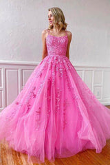 Cheap Pink Tulle Prom Dresses 2024 With Lace Appliques Spaghetti Straps
