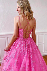 Cheap Pink Tulle Prom Dresses 2024 With Lace Appliques Spaghetti Straps
