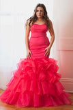 Cheap Plus Size Hot Pink Prom Dresses Long Satin Mermaid Evening Dress Strapless