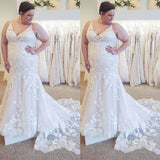 Cheap Plus Size Lace Wedding Dresses Mermaid V Neck Spaghetti Straps Bridal Gown