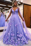 Cheap Princess Lavender Prom Dress 3D Flowers Tulle Formal Dress with Cape