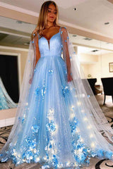 2024 Princess Lavender Prom Dress 3D Flowers Tulle Formal Dress with Cape