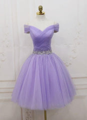 Cheap Lilac Tulle Homecoming Dress Off Shoulder Beaded Short Graduation Dress