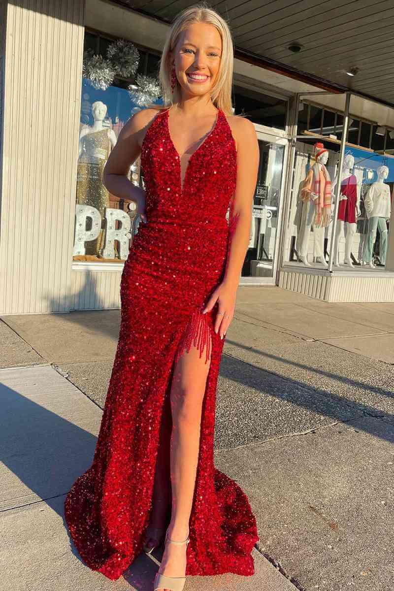 Red Halter Sequins Prom Dresses Long