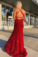 Cheap Red Halter Sequins Prom Dresses Long Formal Gowns with Tassel