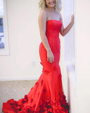 Cheap Red Mermaid Prom Dresses Strapless Satin Formal Dress with Flowers