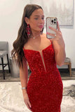 Cheap Red Sequins Mermaid Prom Dresses 2024 Straps Plunging Neck Formal Dress