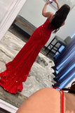 Cheap Red Sequins Mermaid Prom Dresses 2024 Straps Plunging Neck Formal Dress