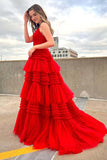 Cheap Red Tulle Prom Dresses 2024 V Neck Spaghetti Straps Long Formal Dresses