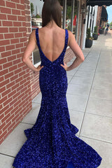 Cheap Royal Blue V-Neck Sequins Prom Dresses 2024 Long Mermaid Evening Dress