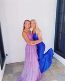 Cheap Tulle Purple Ruffle tiered Prom Dresses Sheath Long Formal Evening Dresses