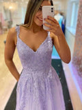Cheap V Neck Lilac Lace Formal Dresses A Line Purple Long Prom Dresses