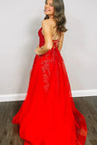 Cheap V Neck Red Prom Dresses A-Line Appliqued Long Lace Evening Dress