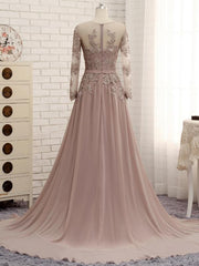 A Line Long Sleeves Lace Prom Dresses Chiffon Evening Gown