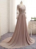 A Line Long Sleeves Lace Prom Dresses Chiffon Evening Gown