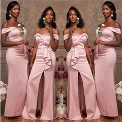 Off the Shoulder Pink Satin Bridesmaid Dresses Long Wedding Guest Dress