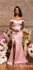 Off the Shoulder Pink Satin Bridesmaid Dresses Long Wedding Guest Dress