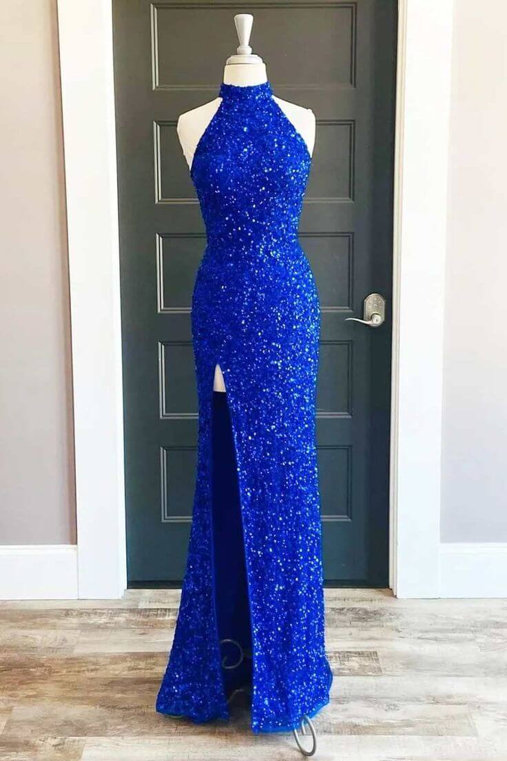 Navy Halter Backless Long Mermaid Sequin Prom Dresses Navy Halter Backless Long Mermaid Sequin Prom Dresses