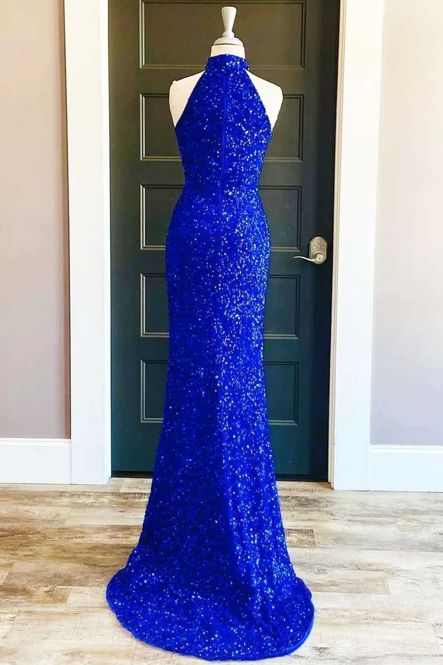 Halter Black Sequins Popular Evening Party Dresses, Side Slit Mermaid Newest Long Prom Dresses Halter Black Sequins Popular Evening Party Dresses, Side Slit Mermaid Newest Long Prom Dresses