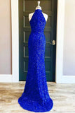 Custom Blue Sequin Prom Dresses Mermaid Halter Long Formal Dress with Slit