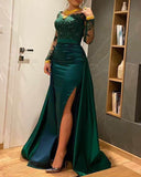 Green Lace Prom Dresses Satin Mermaid V-neck Evening Dresses with Sleeves