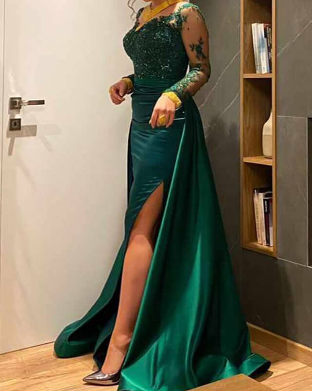 Peacock color off-shoulder bodice glam evening gown with long green tulle  skirt