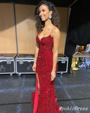 Sexy Dark Red Prom Dresses 2023 Sequin Mermaid Spaghetti Straps Formal Dress