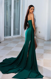 Discount Crystals Satin Emerald Green Prom Dresses Mermaid One Shoulder