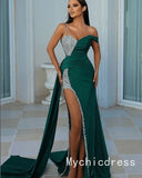 Discount Crystals Satin Emerald Green Prom Dresses Mermaid One Shoulder