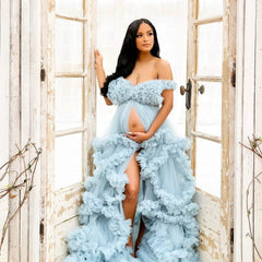 Dusty Blue Ruffles Puffy Tulle Maternity Robe Tulle Pregnant Photo Shoot Robes