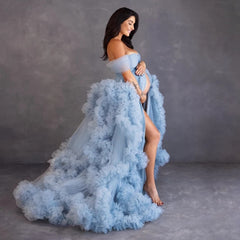 Dusty Blue Ruffles Puffy Tulle Maternity Robe Tulle Pregnant Photo Shoot Robes