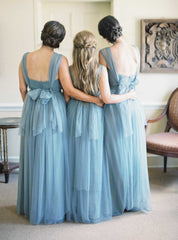 Simple Tulle Long Bridesmaid Dresses Dusty Blue under 100