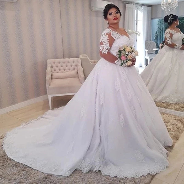 Elegant Lace Long Sleeves Wedding Dresses Plus Size Appliuqes Ball