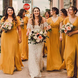 Cheap V-Neck Mustard Yellow Fall Bridesmaid Dresses Cap Sleeves