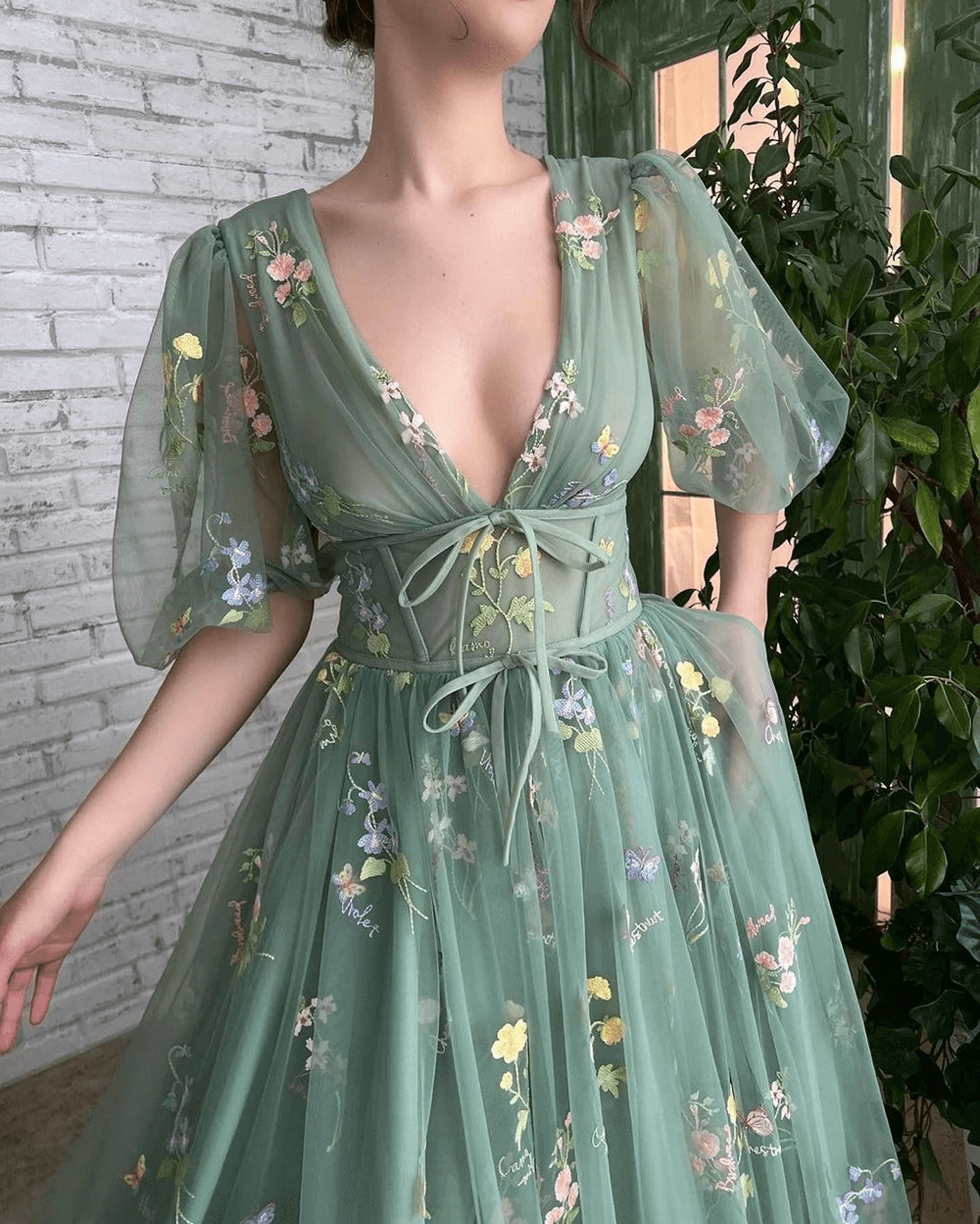 Embroidered Sage Green Prom Dresses Floral Half Sleeves Flower Maxi Dress